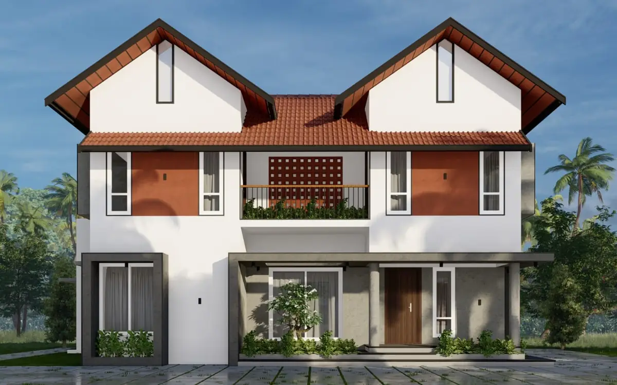 Amal Murali Residence, Alappuzha — a two-storey house under twin terracotta-tiled gables with white walls and a terracotta accent panel