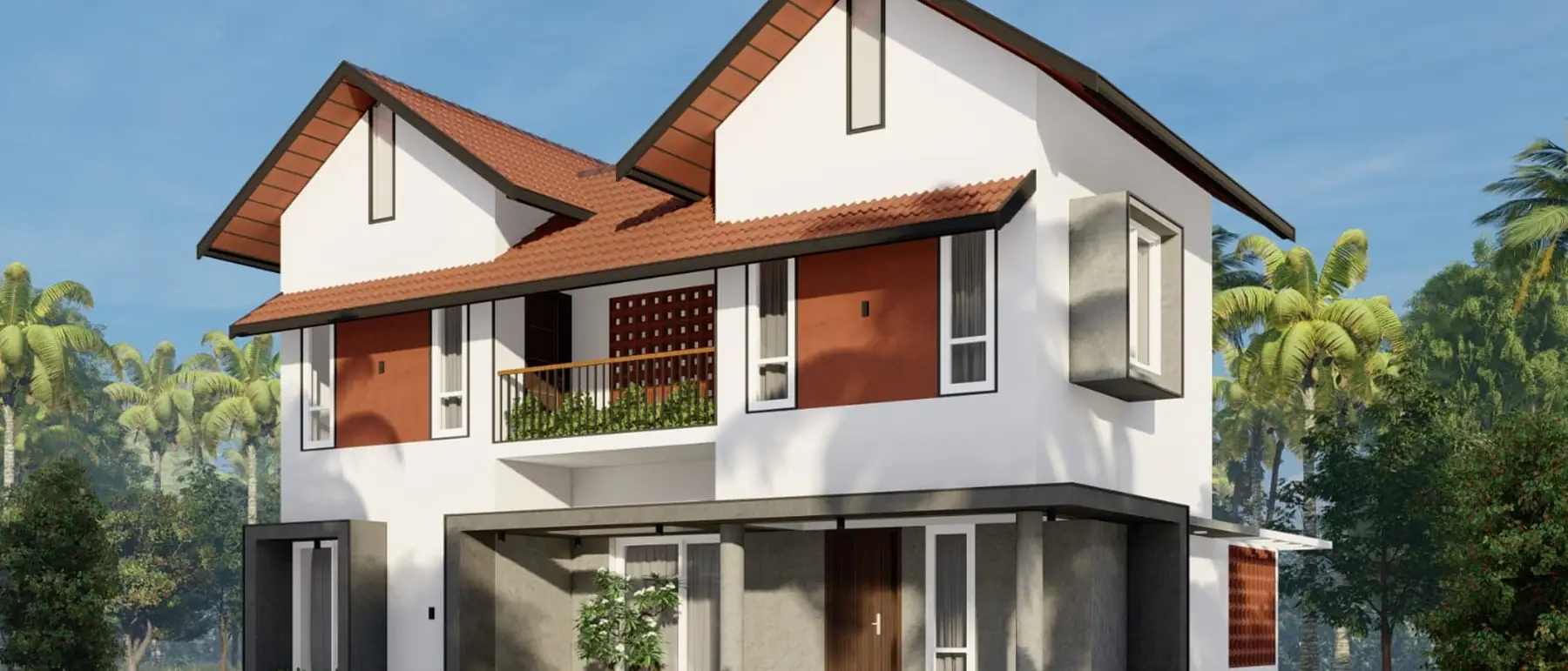 Amal Murali Residence, Alappuzha — a two-storey house under twin terracotta-tiled gables with white walls and a terracotta accent panel