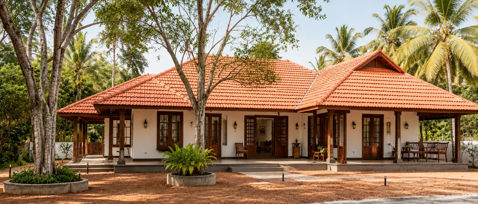 A traditional Kerala house with a terracotta-tiled hipped roof, timber columns and a deep shaded verandah, set among coconut palms