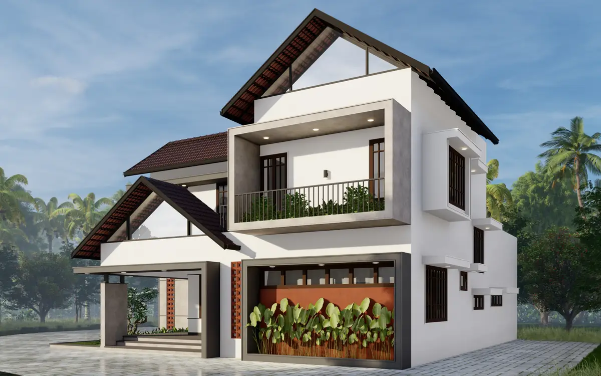 Harish Residence, Kozhikode — layered volumes under sloping roofs with perforated jali screens and shaded balconies