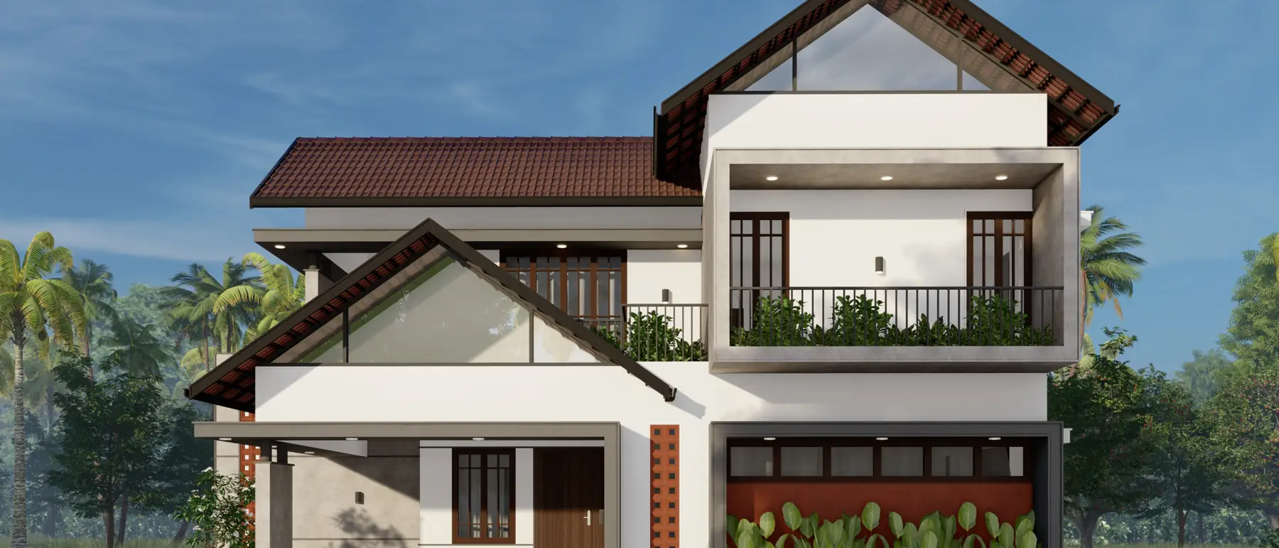 Harish Residence, Kozhikode — layered volumes under sloping roofs with perforated jali screens and shaded balconies