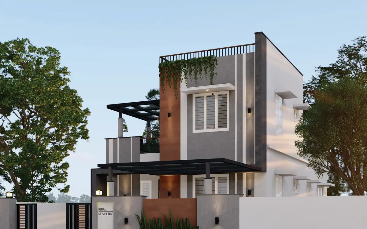 Iqbal Residence, Pondicherry — a compact minimal contemporary house with a pergola and a screened entrance wall