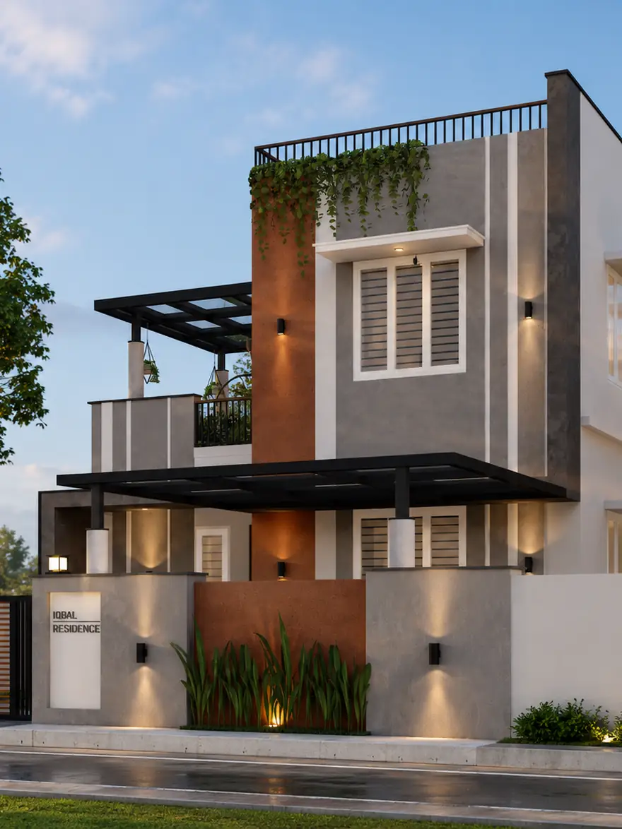 Iqbal Residence — the street corner at dusk, with the planted upper terrace