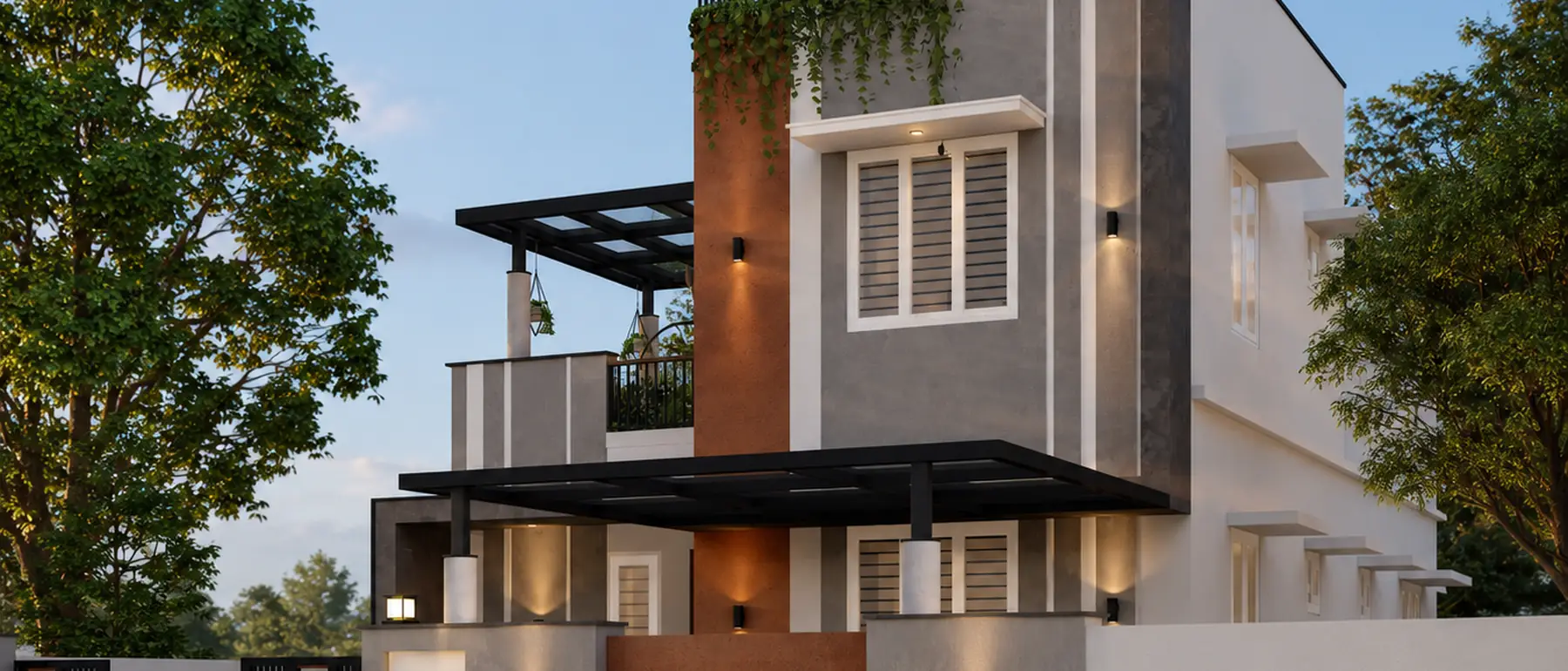 Iqbal Residence, Pondicherry — a compact minimal contemporary house with a pergola and a screened entrance wall