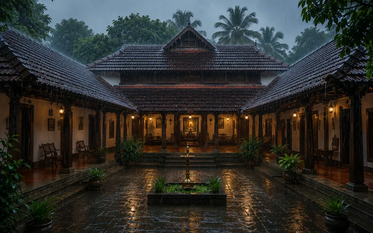 A Kerala nadumuttam in monsoon rain — the open court draining at its centre, verandahs dry on all four sides