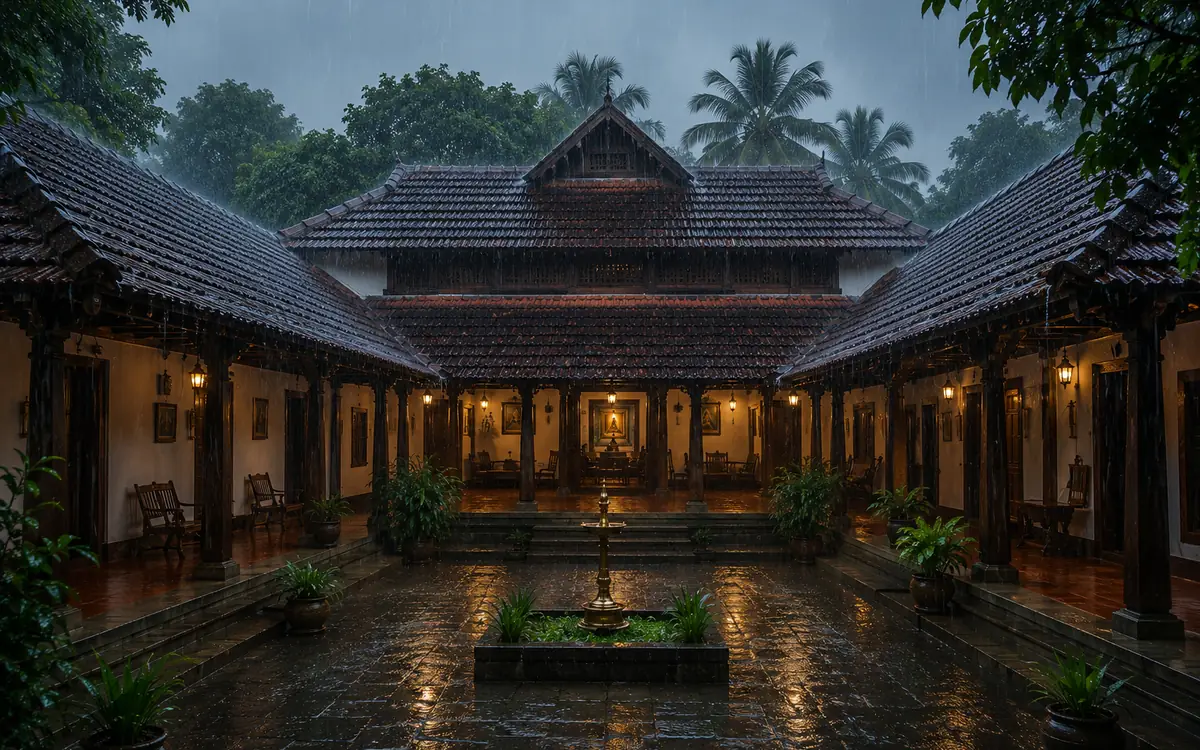 Four wings of tiled roof pitching down into the court, with the carved gable above the central block