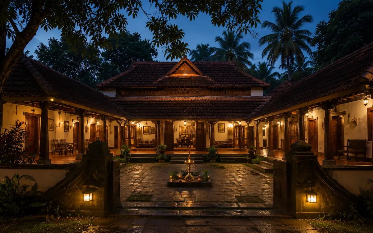 The verandah ring of a naalukettu at dusk — timber columns carrying the roof the whole way round the court