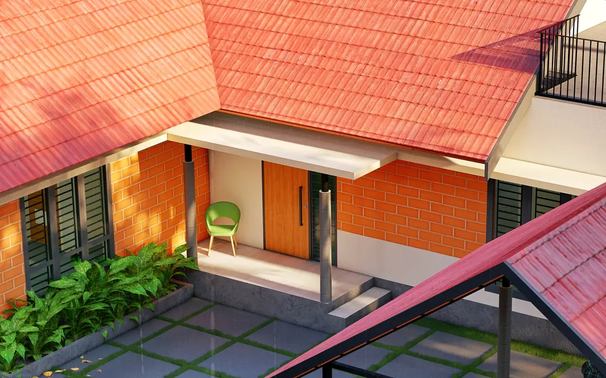 Sandeep Residence — exposed brickwork meeting the tiled roof edge
