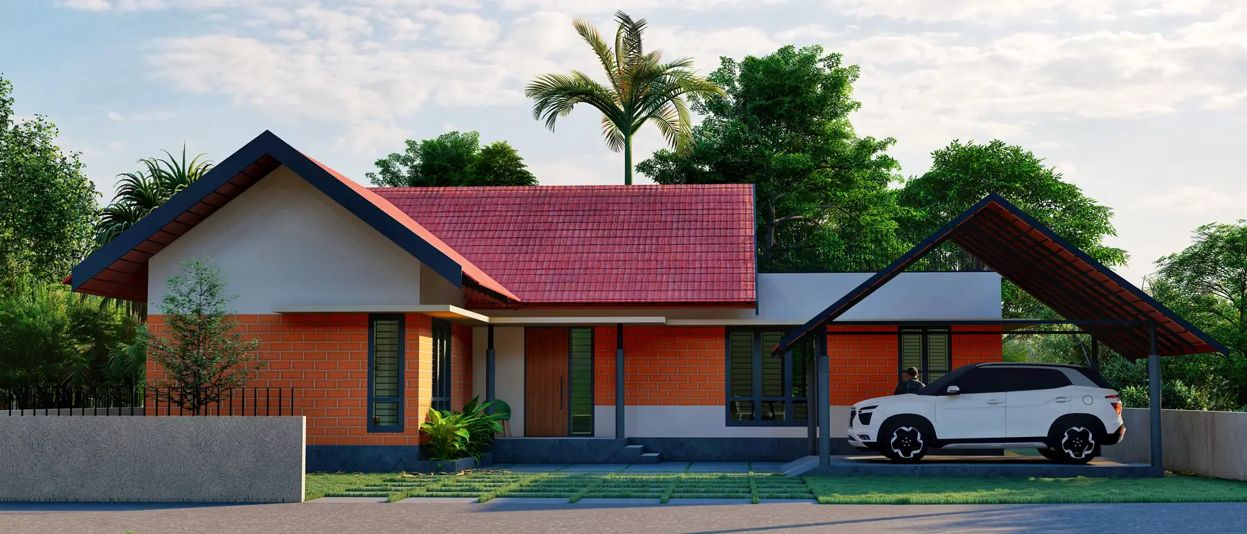 Sandeep Residence, Cherthala — a house in exposed brick beneath a steep terracotta-tiled roof, set in its garden