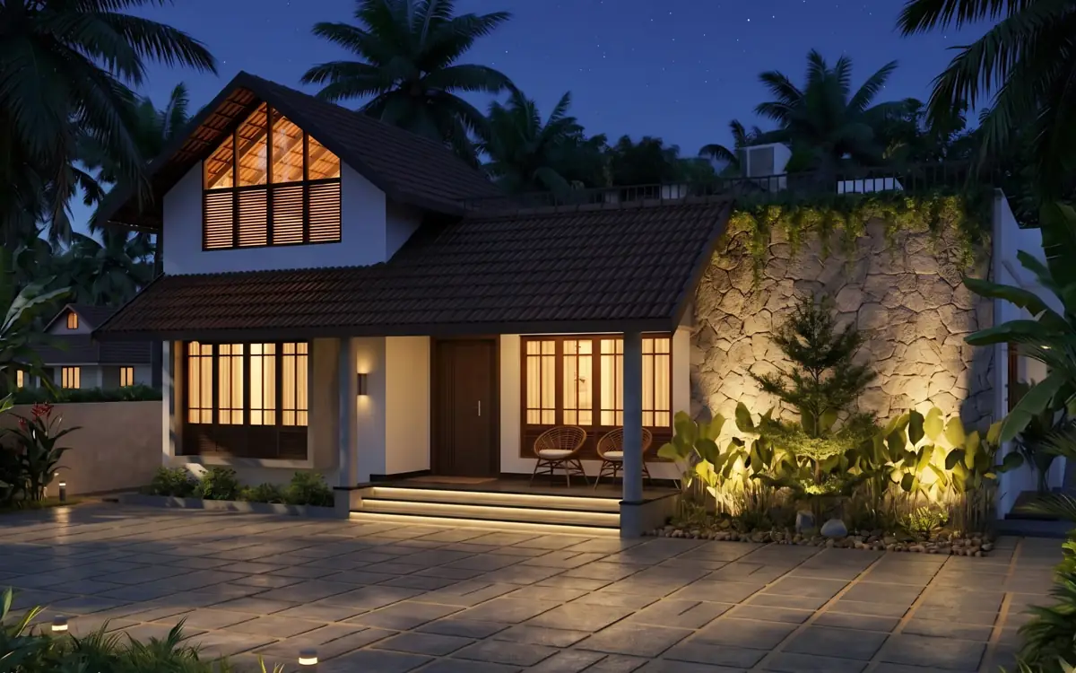 Shalini Residence, Cherthala — the verandah and entrance, warmly lit at dusk