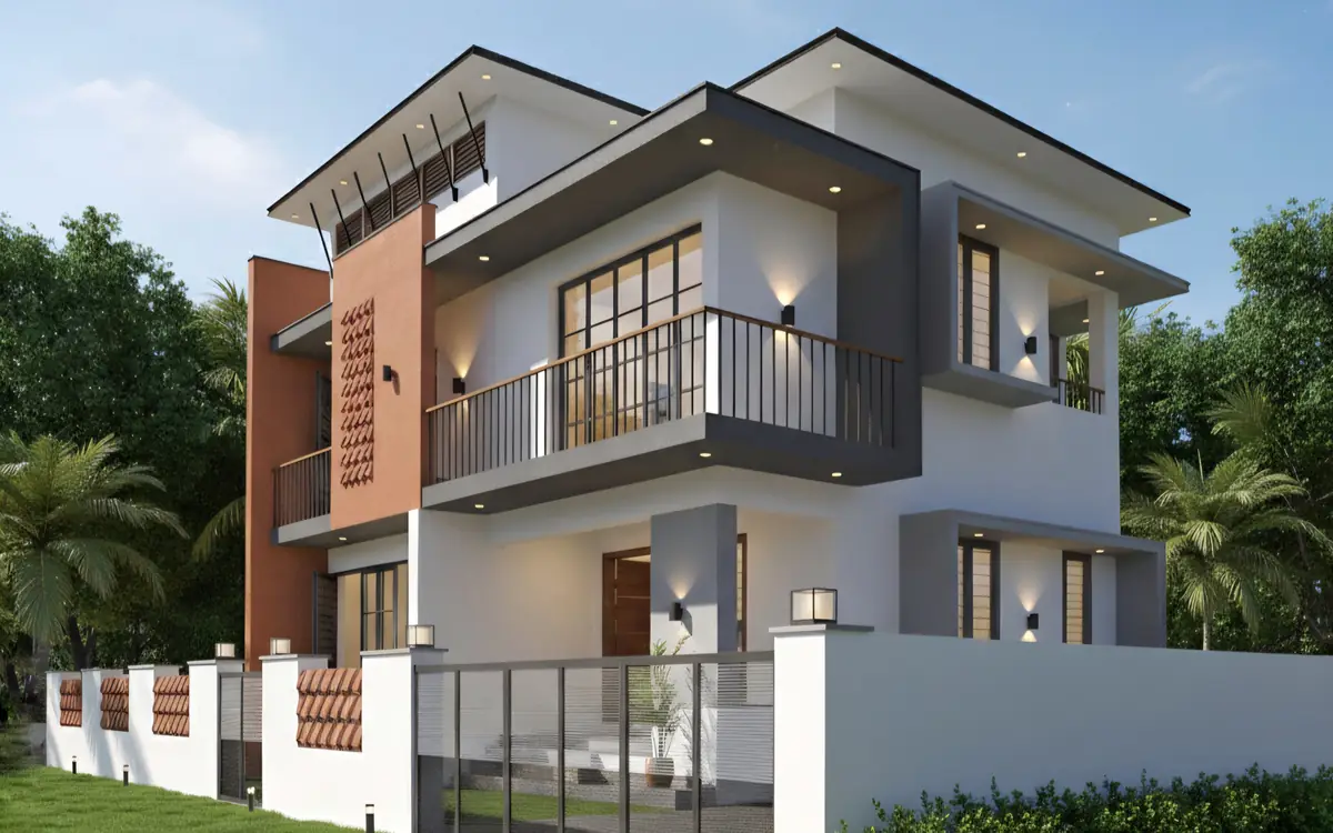 Sharika Residence, Ambalappuzha — a contemporary two-storey house with clean geometric volumes lit at dusk