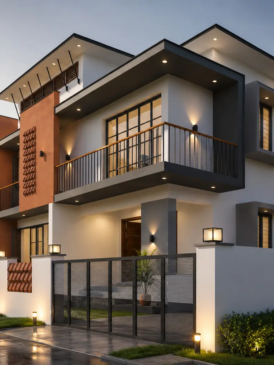 Sharika Residence — the street corner at dusk, terracotta panel and screened balconies