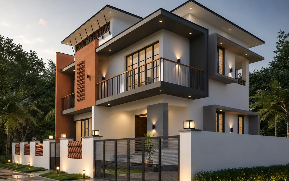 Sharika Residence, Ambalappuzha, Alappuzha — the corner elevation lit at dusk