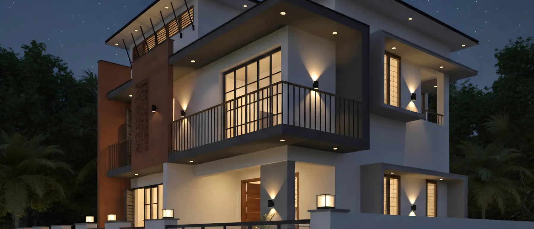 Sharika Residence, Ambalappuzha — a contemporary two-storey house with clean geometric volumes lit at dusk